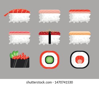Sushi flat vector set of japanese food on gray backgraund