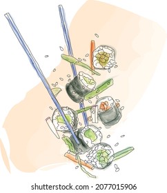 sushi - flying ingredients with chopsticks. watercolor hand drawn sketch