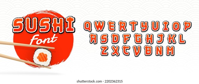 Sushi font. Letters in the form sushi, rolls. Font for sushi bar. Alphabet Japanese style. Salmon texture. Vector Illustration