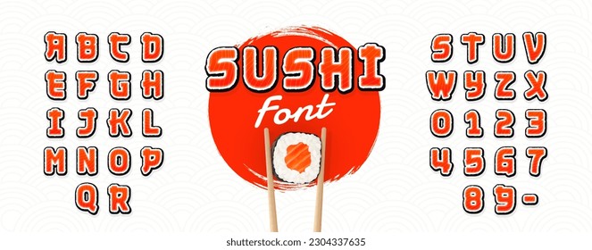 Sushi font. Letters and number in the form sushi, rolls. Font for sushi bar. Alphabet and number Japanese style. Salmon texture. Vector Illustration