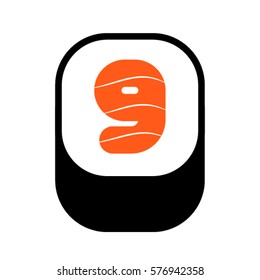 Sushi font, number 9, vector.