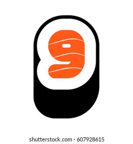 Sushi font, number 9, vector.