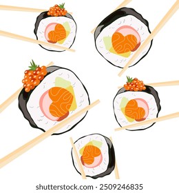 Sushi food. Asian sushi flat vector pattern. Tekkamaki roll with salmon, caviar, tuna and octopus. 