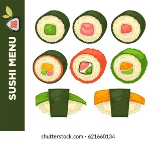 Sushi food colorful vector flat collection on white