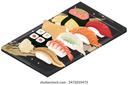 Sushi in a food container. Vector illustration.