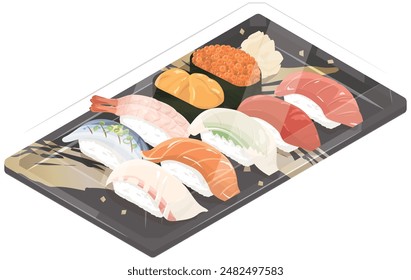 Sushi in a food container. Vector illustration.