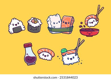 Sushi Food Couple Friend Character Vector Design Illustrations Pack