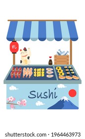 Sushi food kiosk’s decorated with ‘Sushi’ word lantern and lucky cat. Flat design Japan advertising. Favorite Japan Sushi menu.