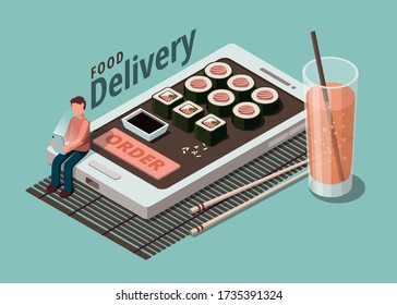 Sushi food delivery service template. Restaurant japanese menu. Isometric Illustration