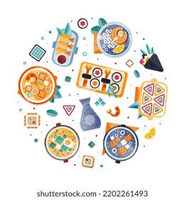 Sushi Food Design with Cooked Japanese Dish Above Round Vector Composition