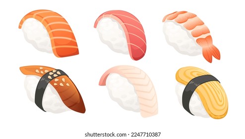 Comida de sushi con pescado o tortilla, ilustración vectorial tradicional japonesa aislada de fondo blanco