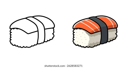 Sushi Food Illustrationen mit zwei verschiedenen Varianten, geeignet als Icons, Logos, Aufkleber oder Zeichenmaterial.