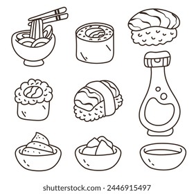 Sushi food line art outline isolated set. Vector flat graphic design illustration