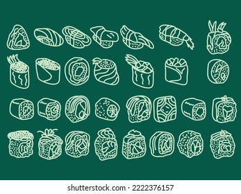 sushi food outline icon set .japanese food doodle vector illustration 