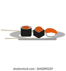 Sushi food plate. Japanese meal icon. Seafood vector concept. Chopsticks cuisine element.