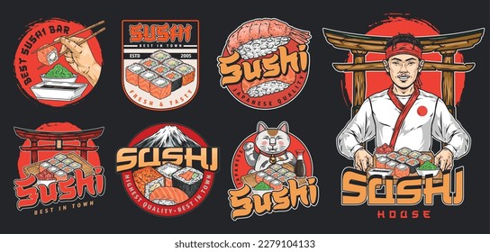 Comida de sushi pone coloridos estereotipos para publicitar cafés y restaurantes de cocina japonesa con menú de rollos de maki ilustración vectorial