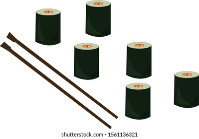 Sushi food with sticks, illustration, vector on white background.