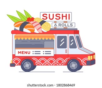 Sushi food truck with huge nigiri-sushi on roof - isolated illustration. Red street food van of japanese kitchen. Mobile sushi bar