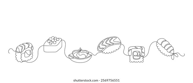 Sushi foods collection drawn with continuous line in minimalism, abstract style, Japanese traditional food, rolls, one line, editable vector contour