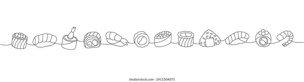 Sushi foods collection. Japanese traditional food one line drawing. Ikura sushi, tobiko maki, sake nigiri, philadelphia roll, futomaki, onigiri