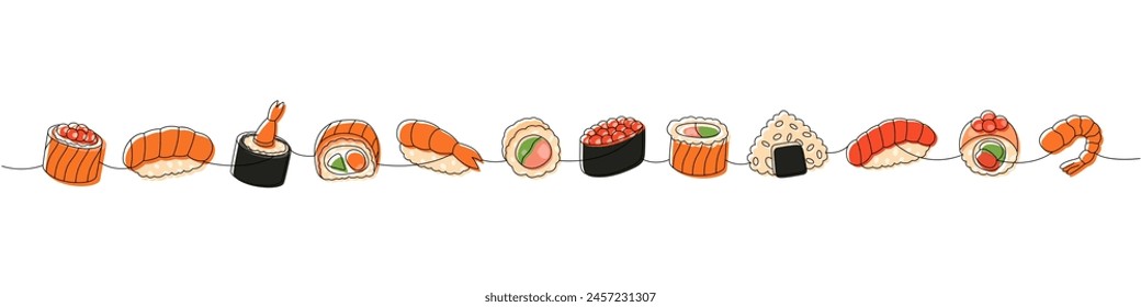 Sushi foods collection. Japanese traditional food one line drawing. Ikura sushi, tobiko maki, sake nigiri, philadelphia roll, futomaki, onigiri