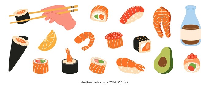 Sushi foods collection. Sushi and rolls set. Tobiko maki, philadelphia roll, onigiri, shrimp nigiri, futomaki, sake temaki, soy bowl