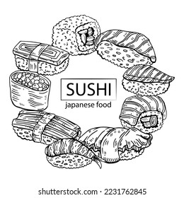 Plantilla de marco de sushi con espacio para texto. Cocina japonesa aislada de fondo blanco. Ilustración vectorial, imagen clip