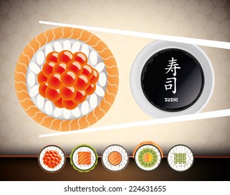 Sushi Fresh fish eggs and collection rolls