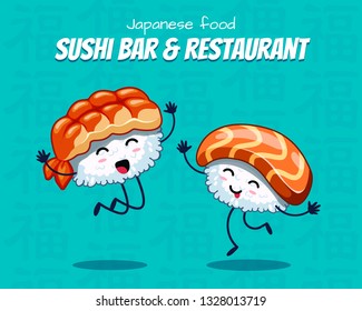 Sushi are friends forever. Vector illustration. japanese food poster design. Can use for cards, fridge magnets, stickers, posters, menu for bar and restaurant. Icons with salmon and shrimp.