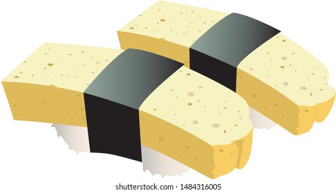 Sushi in front of sweet eggs, bright colors and contrasting white background