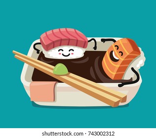 Sushi fun character in bath sauce. Vector flat illustration