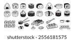 Sushi funny doodle set. Japanese hand drawn Food Sketch Icons. Kawaii drawing. Vector illustration