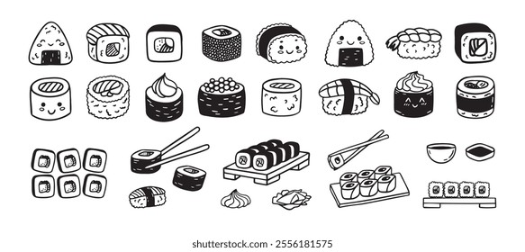 Sushi funny doodle set. Japanese hand drawn Food Sketch Icons. Kawaii drawing. Vector illustration