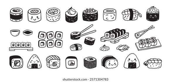 Sushi funny doodle set. Japanese hand drawn Food Sketch Icons. Kawaii drawing. Vector illustration