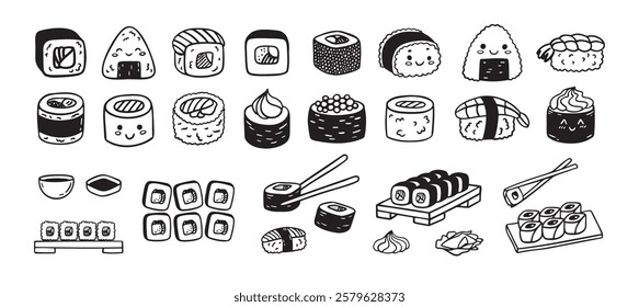 Sushi funny doodle set. Japanese hand drawn Food Sketch Icons. Kawaii drawing. Vector illustration