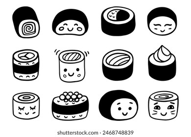 Sushi with funny faces. Japanese Food Doodle Sketch Icons Set. Kawaii drawing Vector Illustrations Collection. Hand Drawn Shapes Isolated on White. Retro Style Design Elements.