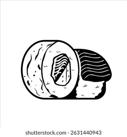 Ícone de Silhueta de Sushi Futomaki, ícone preto e branco de futomaki de sushi com algas marinhas e contorno de enchimento.