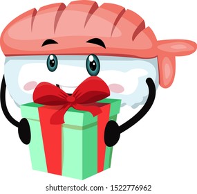 Sushi with gift, illustration, vector on white background.