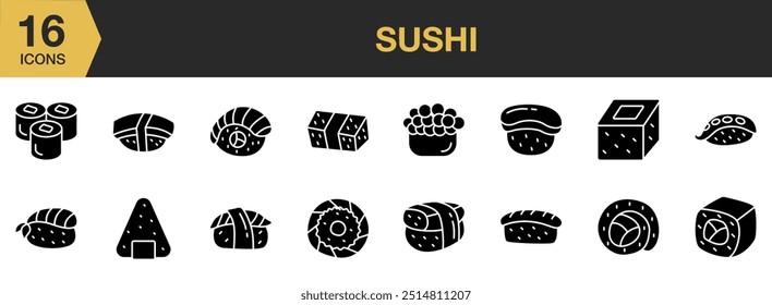 Sushi Glyph icon set. Includes Fish, Food, Meal, Rice, Salmon, Seafood, Sushi, and More. Solid icons vector collection.