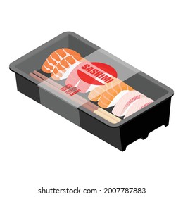 Sushi to go concept. Takeaway box with sushi, sashimi isolated on white background. Vector