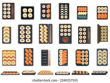 Sushi to go icons set cartoon vector. Food package. Box takeaway