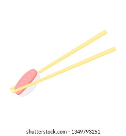 sushi grabbed by chopsticks isolated on white background. vector illustration