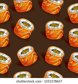 Sushi hand draw illustration. Sushi pattern isolared on brown background. 