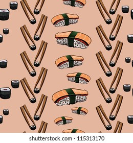 Sushi hand drawing background.Colorful seamless vector pattern.
