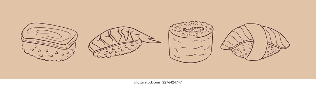 Colección dibujada a mano de sushi aislada en fondo blanco. Ilustración vectorial.