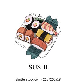 Sushi. Hand drawn colorfull sushi vector illustration isolated on white background