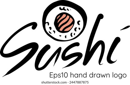 Sushi dibujado a mano doodle estilo bar o restaurante Vector logo Plantilla aislado. Cocina tradicional japonesa, deliciosa comida icono. Diseño de logotipo de letras dibujado a mano. Abstractas color negro y rojo para asiático s