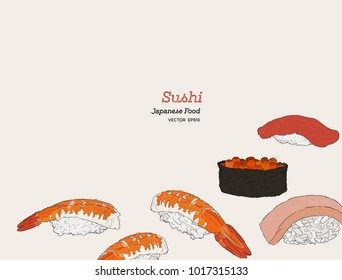 Sushi hand drawn illustration. Set of sketches Japanese food for menu of asian restaurant, brochures, flyers, posters, web sites.