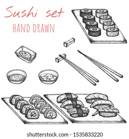 Sushi hand drawn set, vector isolated set of various sushi plates, chopsticks, wasabi, soy sauce and ginger spices.