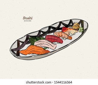 Sushi of hand-drawn illustration. A set of sketches of Japanese cuisine for the menu of Asian restaurant, brochures, leaflets, posters, websites. Filed on the tip. The text "sushi bar" - Vector